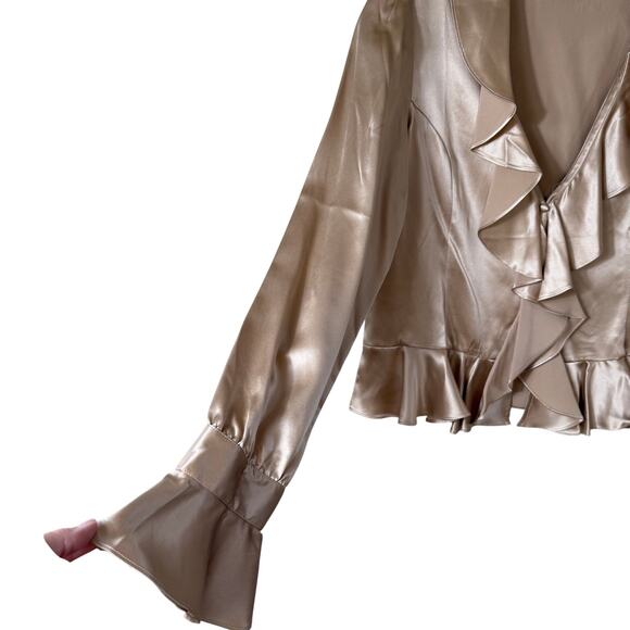 Vintage Satin Ruffle Peplum Blouse SZ L Poet Sleeve Tan V Neck Button Up Romanti - Picture 3 of 8